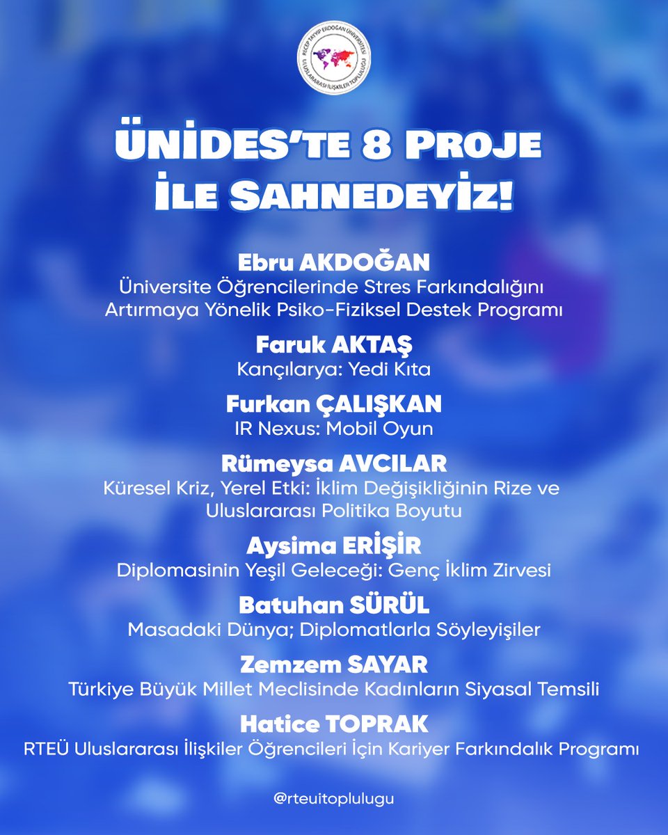 ÜNİDES 6. Dönem başvuruları kapsamında topluluğumuzdan 8 proje fikri hazırlanarak başvuru sürecine dahil edilmiştir.

Üreten, düşünen ve harekete geçen bir ekip olmanın gururunu yaşıyoruz.

Her fikir bir emek, her proje bir vizyon.
Bu daha başlangıç 💙