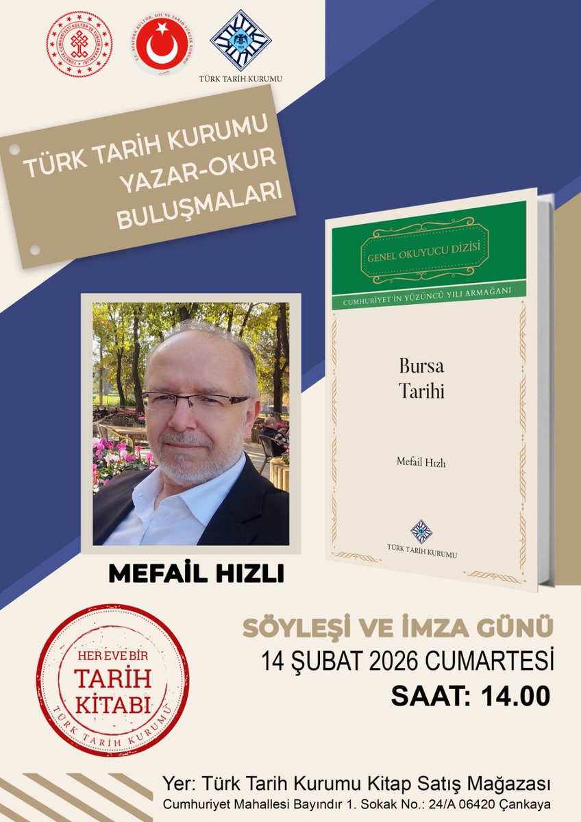 Kızılay kitap satış mağazamızda gerçekleştirilen #YazarOkurBuluşmaları'na Genel Okuyucu Dizimiz kapsamında "Bursa Tarihi" başlıklı eseri kaleme alan yazarımız Mefail Hızlı konuk oluyor.
14 Şubat Cumartesi günü düzenlenecek söyleşi ve imza gününe tüm okurlarımızı bekleriz.