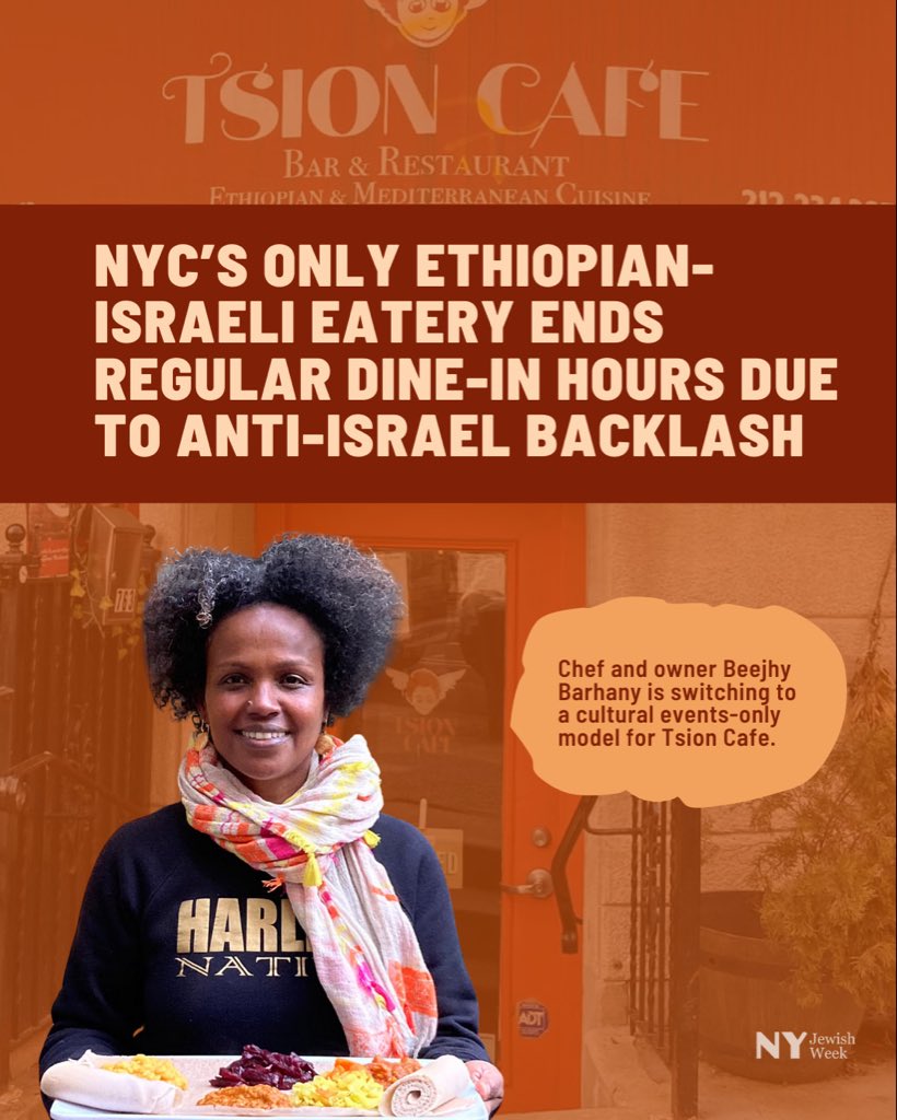 TheJewishAlly's tweet photo. New York City’s only Ethiopian-Israeli restaurant has closed its doors for regular dining, citing the backlash it faced during the war in Gaza.⁠
⁠
Beejhy Barhany, who opened Tsion Cafe in Harlem in 2014, recently announced that she is reimagining her restaurant as an event venue for culturally immersive experiences. That means no walk-ins, only group bookings made in advance.⁠
⁠
Barhany sees the new model as a prime opportunity to educate New Yorkers about her culture. But she said the change represents a sad concession to the realities of Jewish life in the city since Oct. 7, 2023.⁠
⁠
“Everything kind of changed — so much animosity,” she said. Things got even worse, she said, when she dropped meat from the menu in February 2024 to go fully vegan and kosher — a move that drew plaudits from Jews in the city but also raised Tsion’s profile among critics of Israel.⁠
⁠
“I was proud to be Jewish. I wanted to illuminate that,” she said. “But from the moment we pivoted to be kosher, it became worse and worse.”⁠
⁠
People would call the restaurant and harass whoever picked up the phone, Barhany said. One day, she recalled, a server at the restaurant was standing outside and “a bunch of Gen Z’s” passing through said, “Don’t ever come to this place. It’s owned by Israelis. By Zionists.”⁠
⁠
While some Israeli restaurants that faced harassment drew public attention and support, Tsion, located off the beaten track in Harlem, did not. Barhany said she did not seek to publicize the incidents, hoping that they would recede in prominence. But they took a toll.⁠
⁠
“It’s kind of tiring,” she said. “You’re here to nourish the community and it feels like you are perceived like the enemy.”⁠
⁠
In Tsion’s new model, guests will register in advance for “curated, culturally immersive and experiential events” that, at least at first, will focus on Barhany’s own culture.⁠
⁠
Repost @NYJewishWeek