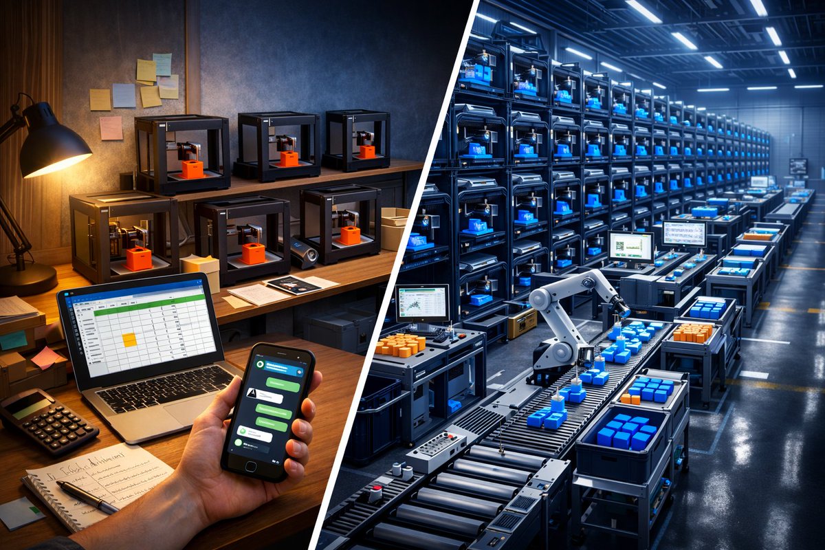 SeekMake's tweet photo. What separates a 5-printer farm from a 50-printer farm?

At 5 printers:
• Manual quotes
• DMs for orders
• Excel tracking
At 50? That breaks.

The shift isn’t hardware.
It’s automation.

Create your free account on https://t.co/3K6NZ6EbjQ 👇
#3DPrinting #PrintFarm https://t.co/EqwydUUgxM