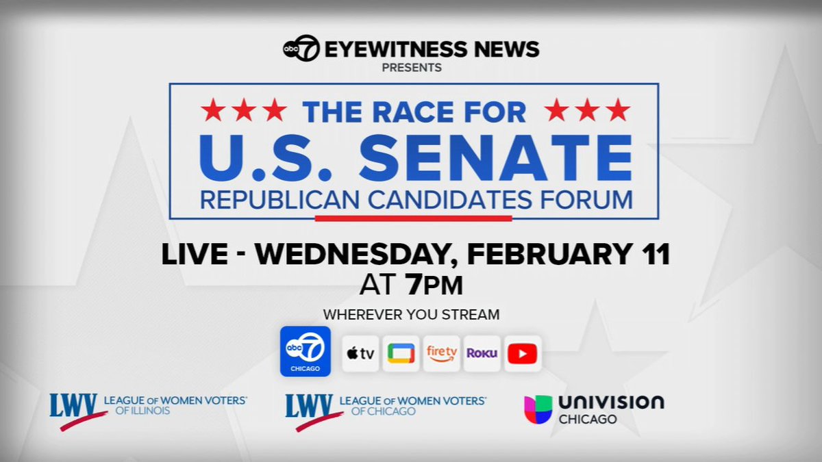 Tonight..

ABC7 Chicago, the League of Women Voters of Illinois and Chicago and Univision Chicago will present live and without commercials the 2026 Republican U.S. Senate Primary Forum at 7 p.m. Wednesday, Feb. 11.

Republican Candidate Casey Chlebek

Republican Candidate