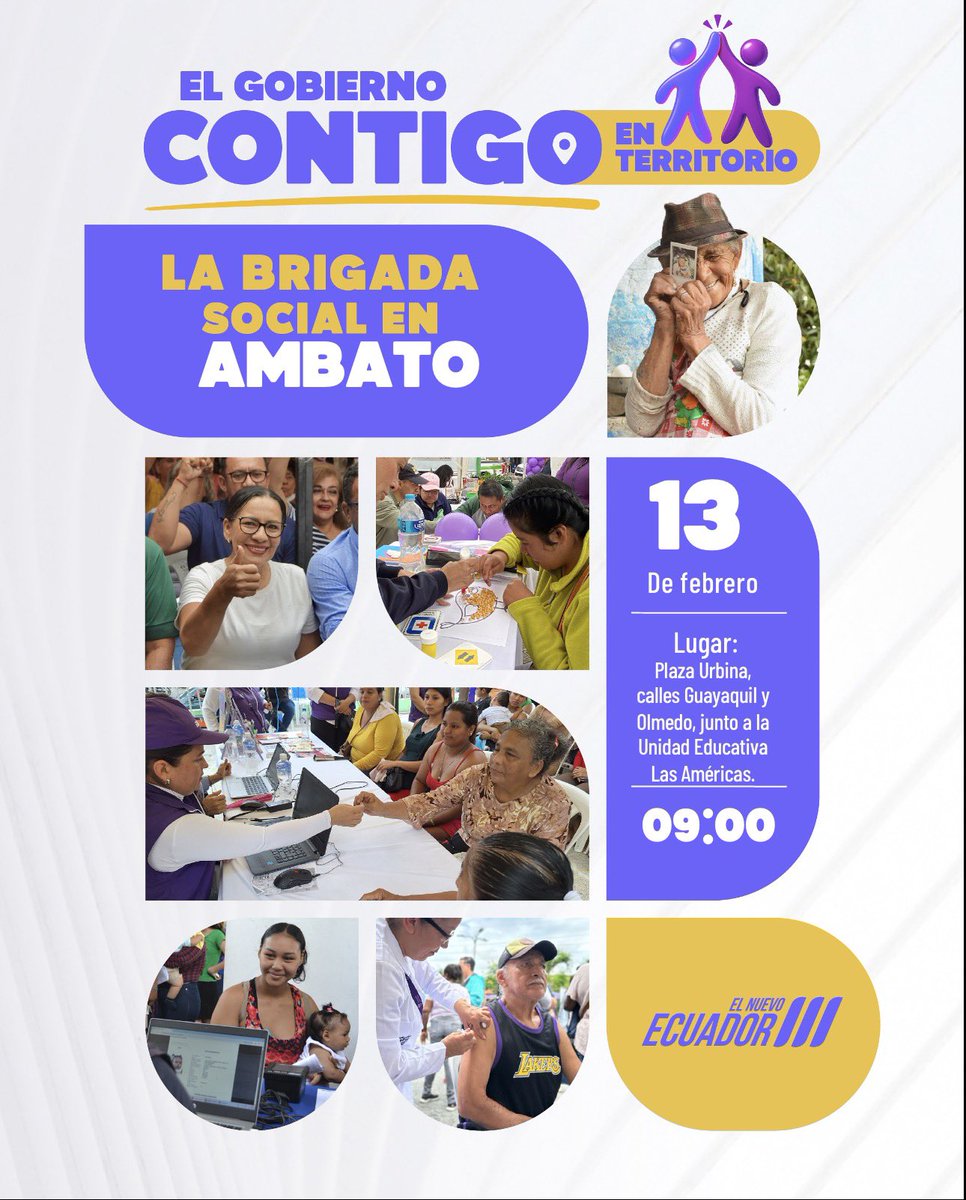 📍#Tungurahua | Nuestra Brigada Social por El Nuevo Ecuador llega a la Plaza Urbina en #Ambato. 

🗓 Fecha: Viernes 13 de febrero del 2026.

⏰ Hora: 09h00.

📍Lugar: Plaza Urbina, calles Guayaquil y Olmedo, junto a la Unidad Educativa Las Américas.

#ElNuevoEcuadorCumple