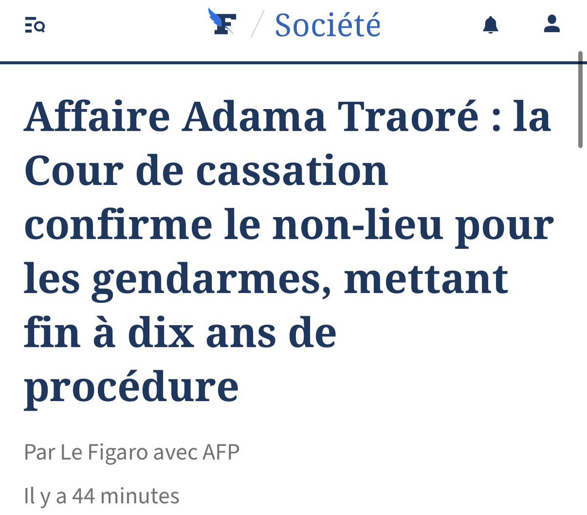 's tweet image. 👮‍♂️ Après 10 ans de procédures judiciaires et de mise au pilori par l’extrême-gauche, le non-lieu est confirmé pour les gendarmes dans l’« affaire #Traoré ».

L’heure est à la vérité : l’honneur de ces militaires est rétabli.