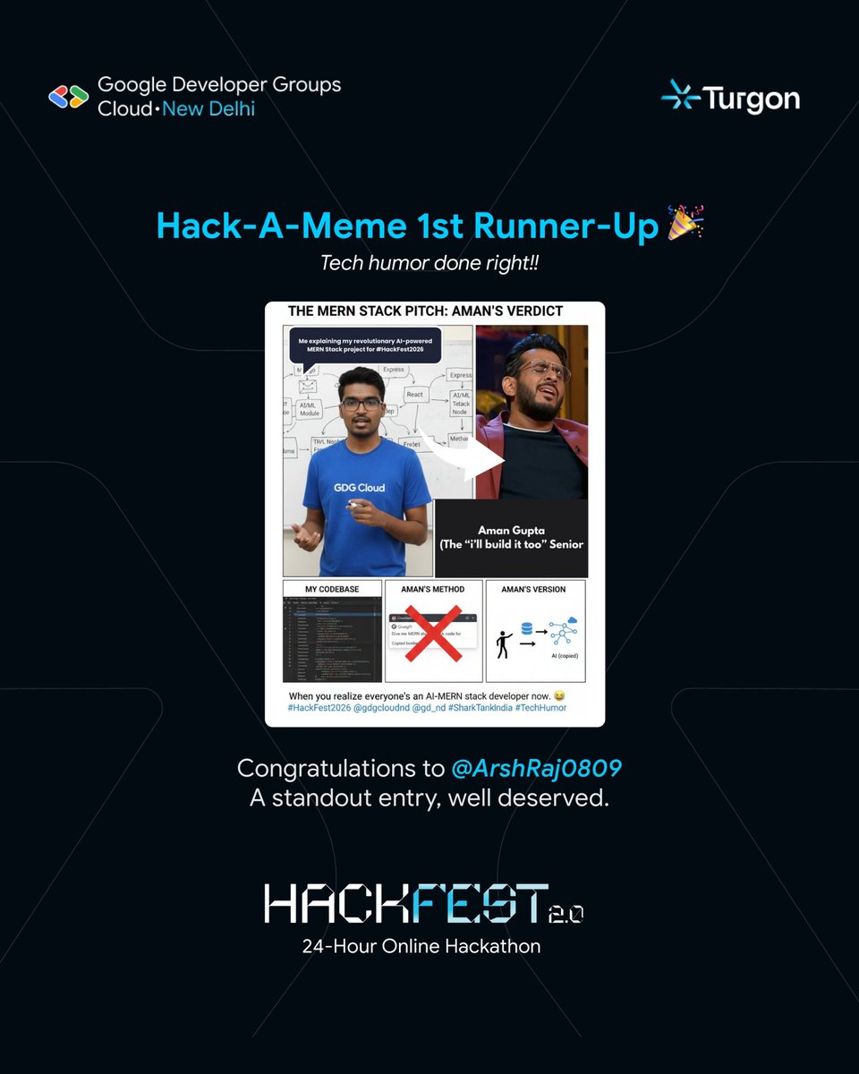 gdgcloudnd's tweet photo. We’re excited to announce the winners of the Hack-A-Meme Challenge at HackFest 2.0 🎉

✨ Winner: @iamkavyatrivedi
🥈 1st Runner-Up: @ArshRaj0809
🥉 2nd Runner-Up: @MUKULRANA320419

Kudos to all participants for bringing creativity &amp; tech humor to life! 🚀

#HackFest2 #Turgon https://t.co/ndKH9KysUH
