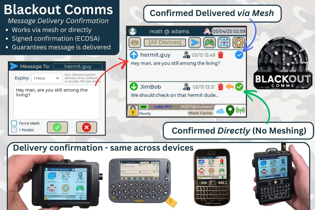 Blackout Comms delivery confirmation explained. Encrypted, Off-Grid, ECDSA signed, striped across frequencies, plus other security measures (automatic)
#lora #offgrid #comms #mesh
