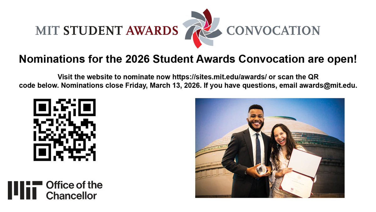 MITstudents's tweet image. Nominations for the #MIT 2026 Student Awards Convocation are now open. Nominations close Friday, March 13. Nominate a student today. Kerberos id needed. sites.mit.edu/awards/
