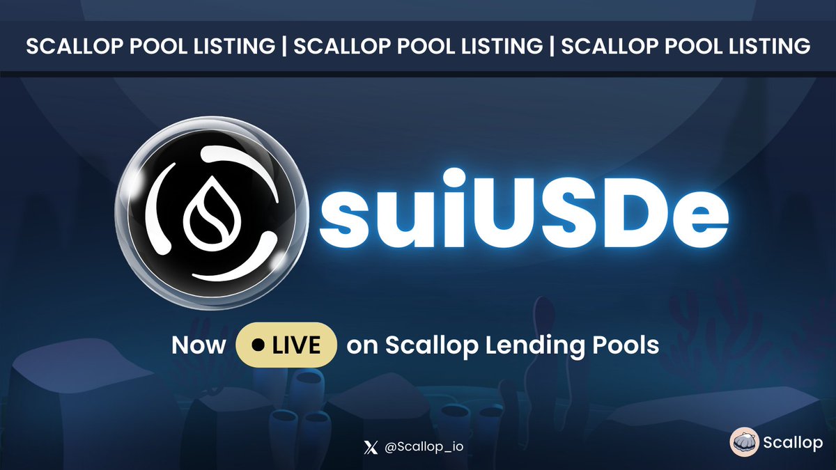 Scallop_io's tweet photo. ✨SCALLOP POOL LISTING - suiUSDe

We are thrilled to announce that suiUSDe powered by @ethena is now LIVE on Scallop Lending Pools!

Powered by Ethena, suiUSDe is Sui’s whitelabel stablecoin providing yield from the ETH basis trade!

Supply suiUSDe on Scallop Now: https://t.co/XDZLLpTF9L