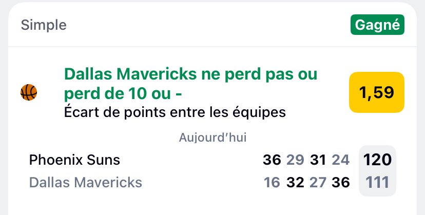 1,60✅🎯

1,59✅🎯 

1,70 (ANNULÉ)

Comme prévu les gars perfect en public hier soir, j’espère vous avez profitez de l’handicap de Dallas il était mené de 25points🔥

Y’a du choix aujourd’hui soyez a l’affût sur mon canal🫡