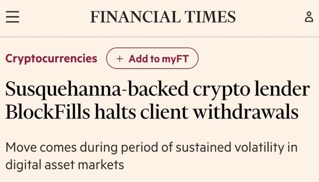 Susquehanna-backed crypto lender Blockfills has confirmed a halt on client withdrawals, stating: “The suspension was put in place last week but remains in effect” — Financial Times.

#CryptoLending #Blockfills #CryptoNews #DeFi #FinancialTimes
