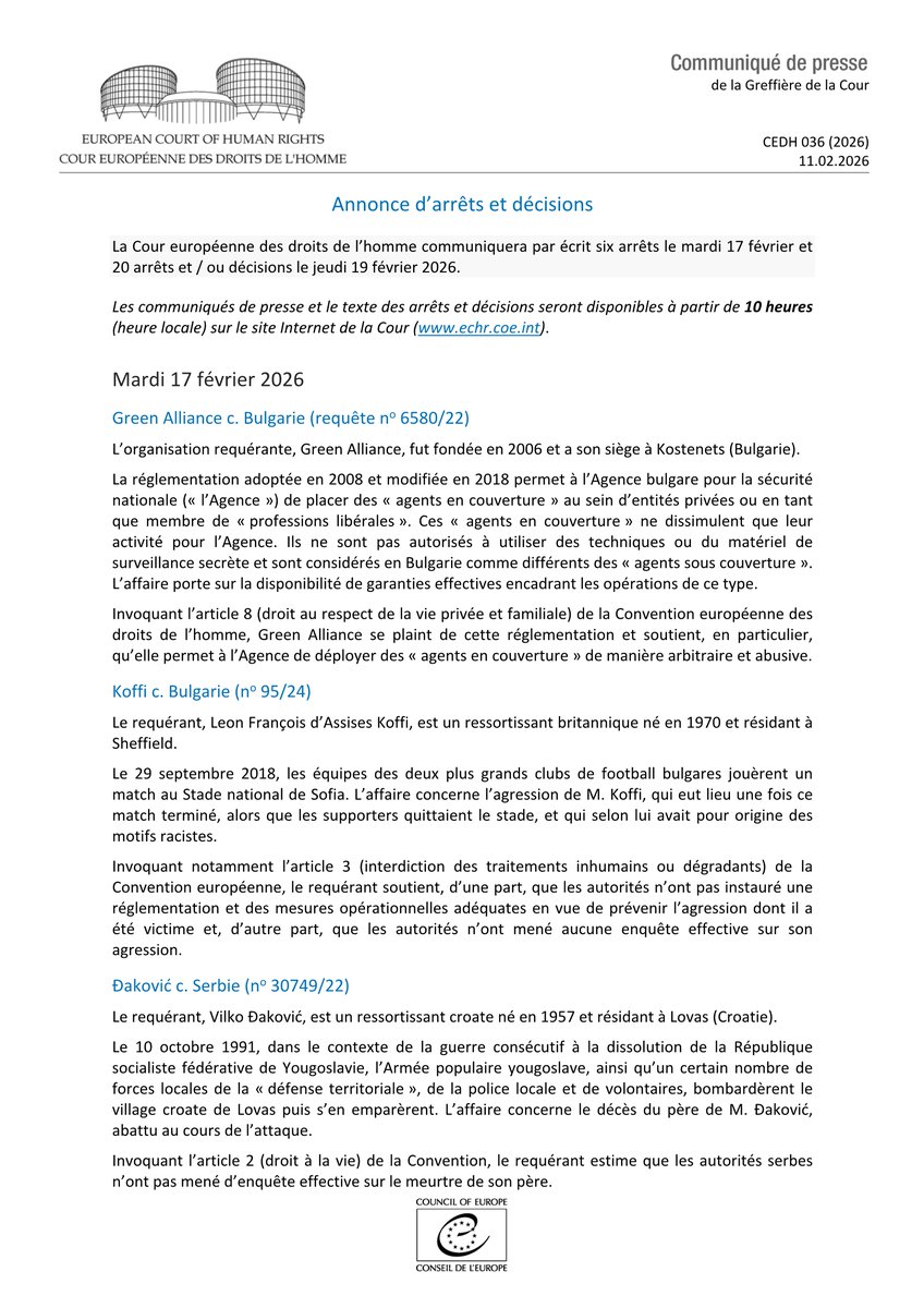 ECHR_CEDH's tweet image. Annonce d’arrêts et décisions 17-19.02.2026
hudoc.echr.coe.int/app/conversion…
#ECHR #CEDH #ECHRpress