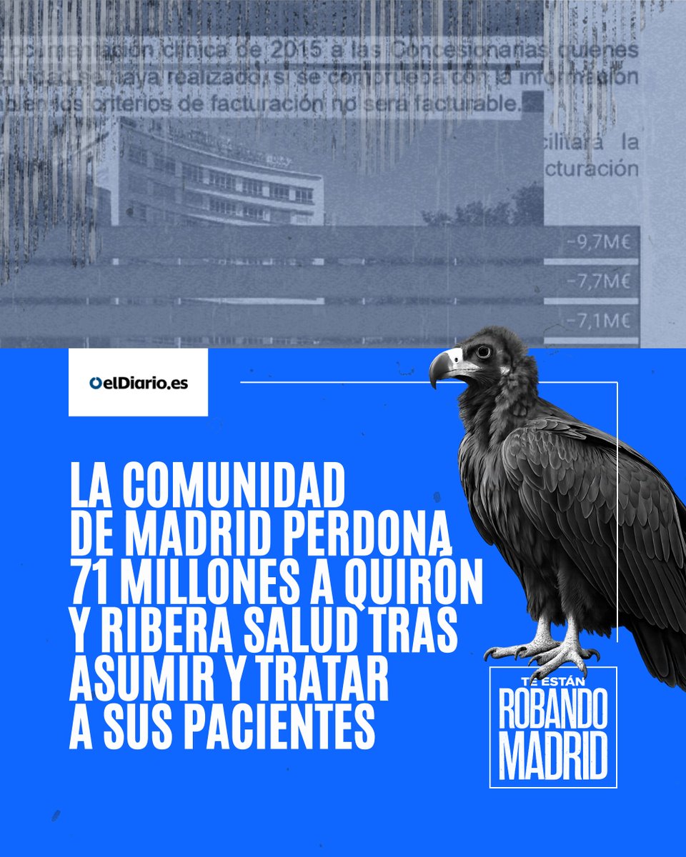 La comunidad ha perdonado 71 millones a Quirón y Ribera tras "no encontrar la documentación de la actividad" aunque sí que trató a esos pacientes que venían de hospitales concertados.

Te están robando Madrid, por eso hay que poner coto a la privatización sanitaria de Ayuso.