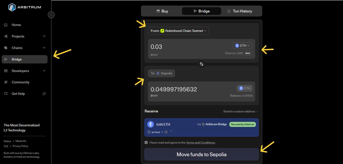 I am interacting on this.

Robinhood has its own chain, which is live on testnet and is worth exploring.

to get the test tokens,
faucet.testnet.chain.robinhood.com
> connect EVMwallet
> select test tokens to claim

> verify and claim
> utilize the arbitrum bridge test eth on robinhood