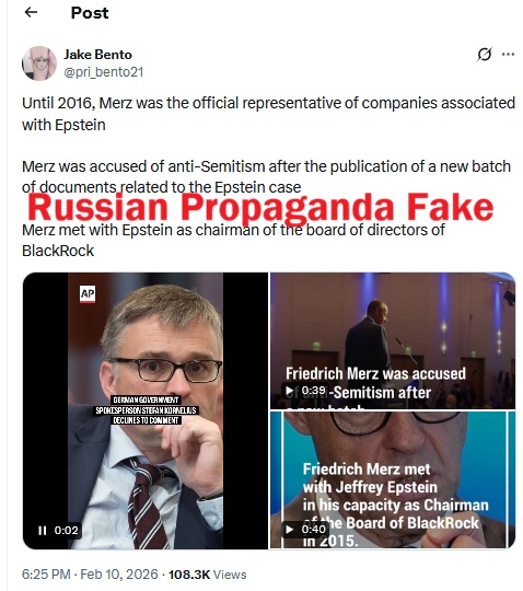 ChrisStoecker's tweet photo. Russian botnets are now pushing propaganda fakes (with an AP logo) about German Chancellor Friedrich Merz, trying to associate him with #Epstein. https://t.co/L5aAW0KjJB