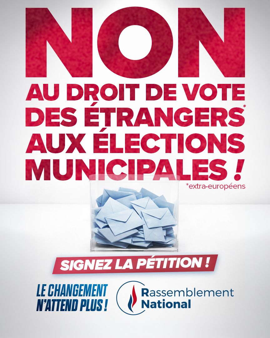 RNational_off's tweet photo. 🔴 NON au droit de vote des étrangers extra-européens aux élections municipales !

Le vote n’est pas un simple outil symbolique : c’est un acte fort. Le diluer pour des manœuvres électoralistes, c’est fragiliser la cohésion nationale et ouvrir la porte à des logiques communautaires incompatibles avec l’intérêt général !

▶️ Signez notre pétition : https://t.co/bvBx5RoUEl