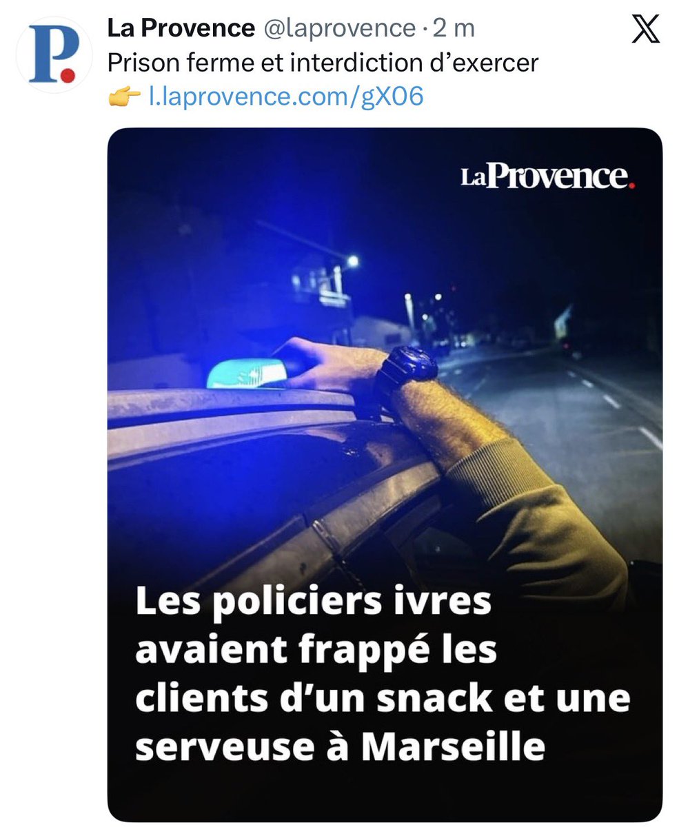 5 ans d’interdiction d’exercer alors que l’un des deux a 5 condamnations sur son casier judiciaire et devrait déjà avoir été viré depuis longtemps 
Ils sont censés nous protéger, ces délinquants ?
👉 l.laprovence.com/gX06