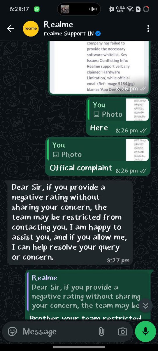 KumarAakas10848's tweet photo. 📉 STOP THE THREATS! ⚖️🚫
Instead of fixing #RMX5110, @realmeIndia is now terrifying users to hide bad reviews. 🤥
Admit the fault on WhatsApp, then intimidate in private? This is the "realme method." 📉🔥
 @Sudhanshu1414 @jagograhakjago
#realmeP4 #ConsumerRights #TechLies https://t.co/g0O6aU1Pj5