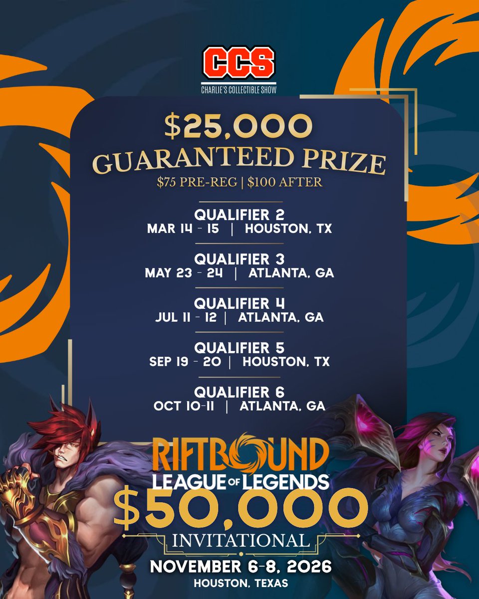 ⚔️🏆The countdown is ON for CCS $25,000 Riftbound Invitational Qualifier 2 💥

💰 $25,000 Guaranteed Prize Pool
🎟️ $75 before Feb 28 | $100 after
🔗 Register 👉 topdeck.gg/event/25000-ho…

🗓️ March 14–15
📍 9700 Bissonnet St Unit 1500, Houston, TX
.
.
.
#Riftbound #RiftboundTCG