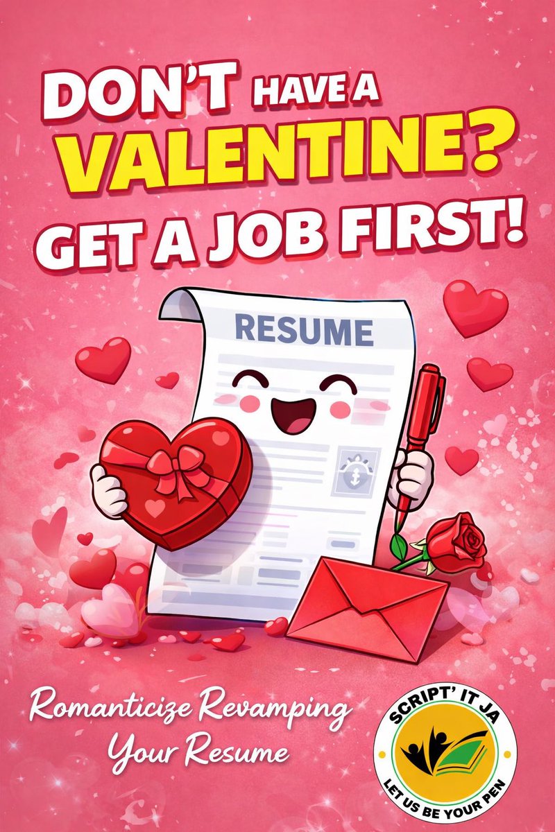 ScriptedJA's tweet photo. No Valentine yet? No problem.
Let’s make recruiters fall in love with your resume first. ❤️📄

Our Resume + Cover Letter Bundle gets you professionally rewritten and ATS-optimized for real opportunities.

💼 Resume Revamp + Cover Letter — **$5000 JMD* https://t.co/CaEtj9aD5H