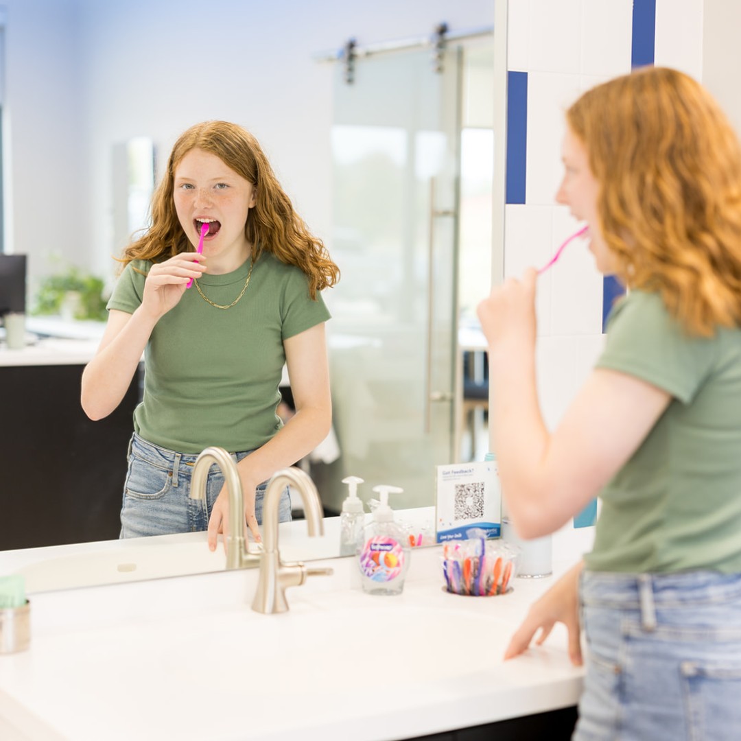 Two minutes, twice a day! Brush &amp; floss to keep cavities, stains, and bad breath away. Remind your kids to protect their smiles this National Children's Dental Health Month (and every month! 😃) #orthodonticassociates #edmondok #okc #mustangok