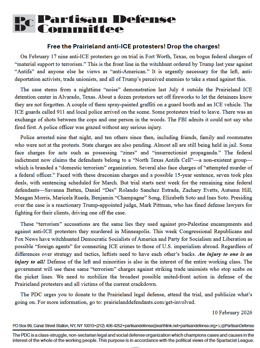 PDC Feb. 10 statement: 
FREE THE PRAIRIELAND ANTI-ICE PROTESTERS! DROP THE CHARGES!

Trial begins Feb. 17 in Ft. Worth

iclfi.org/pubs/slus/2026…
<a href="/DFWSupCommittee/">DFWSupportCommittee</a>  
prairielanddefendants.com/get-involved