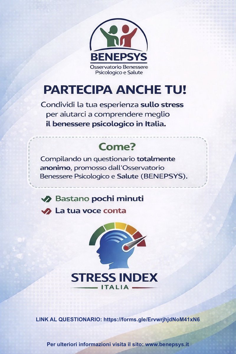 benepsys's tweet photo. Condividi la tua esperienza sullo #stress per aiutarci a comprendere meglio il #benesserepsicologico in #Italia, compilando questo questionario totalmente anonimo, promosso dall’Osservatorio Benessere Psicologico e Salute (#Benèpsys).

Clicca qui➡️​https://t.co/TgBfpPygwm https://t.co/xllzz08mHD