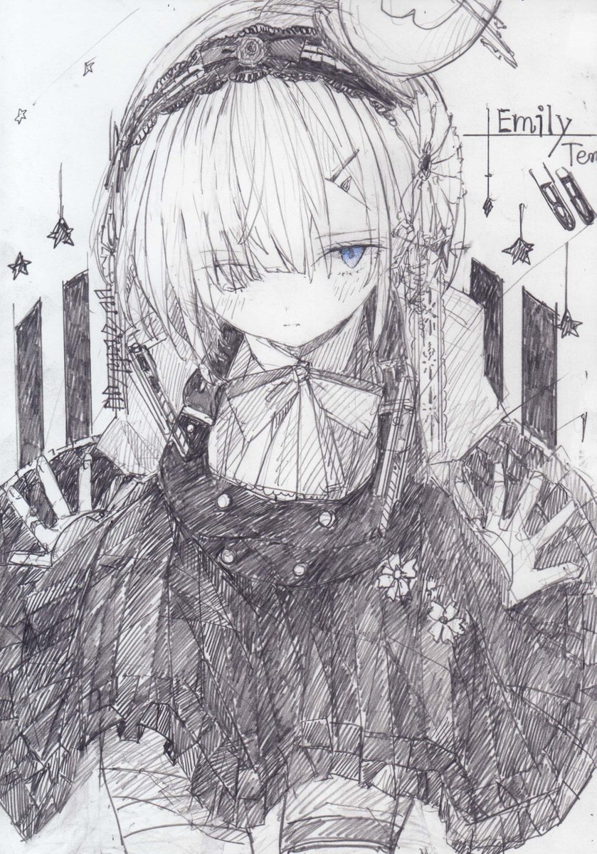 シャーペンで描きました。オリジナルの子です。 青色は色鉛筆を使用