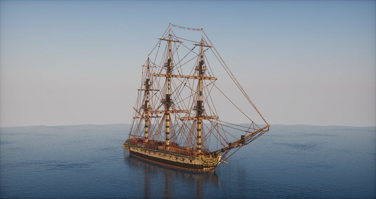 Katsko2's tweet photo. HMS Enterprise 1774 (Sixth-Rate Frigate)
Rigging is the subject. Fully functional with some new pulley designs using Axiom's block entities and Ropeworks made by @XelandriaX.
#minecraft建築コミュ #Minecraftbuilds #ConquestReforged #WeAreConquest #MinecraftShip https://t.co/S9B7GM53xr
