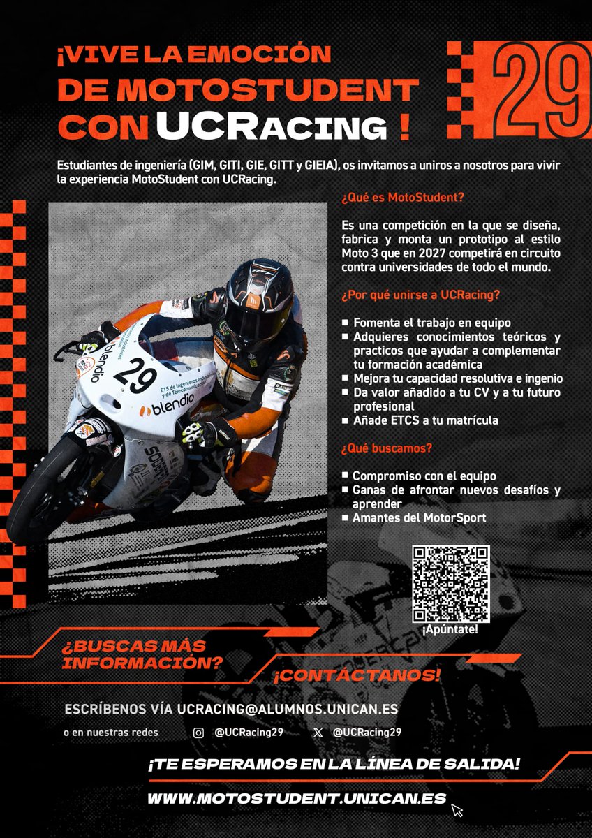 Abierto el plazo de inscripciones para unirte a UC Racing Team (temporada 2026-2027). 
Envía tu solicitud rellenando el formulario de nuestra bio o escaneando el QR de la imagen.

Dudas: RRSS o correo. ¡Te esperamos!

Link al formulario: acortar.link/he6h0X