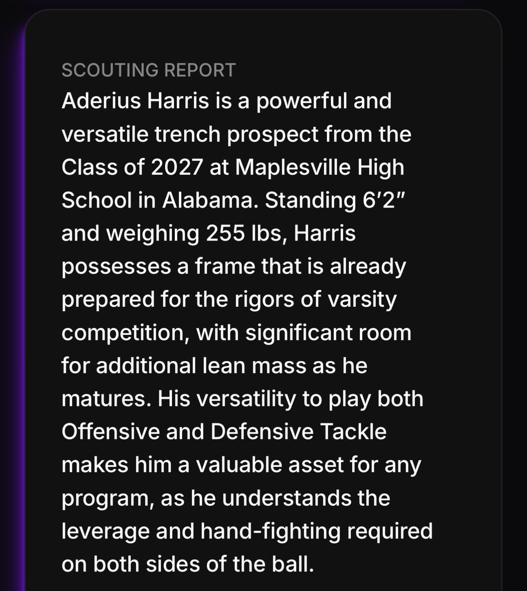 One11Recruiting's tweet photo. Check out one of our top recruits for 2027!

Aderius Harris | @AderiusH55 

➡️ OL / DL 
➡️ 6’2 / 255 lbs
➡️ Maplesville HS
➡️ Maplesville, AL

➡️ Anchor on the D Line
➡️ Physical Run Blocker https://t.co/2InObg9mTM