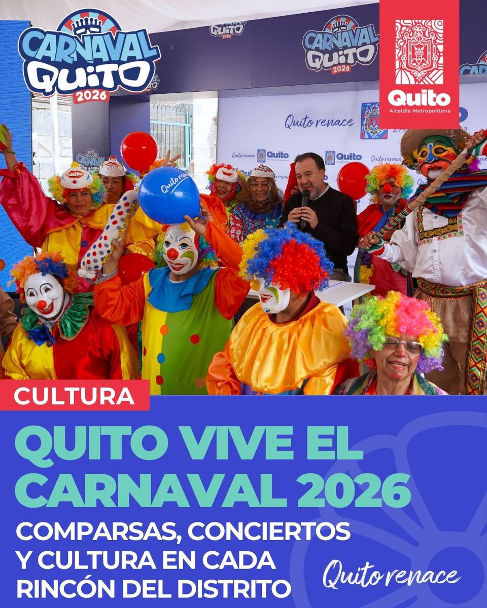 🎭 #CarnavalQuito2026 | Quito se llena de música, comparsas y cultura

Actividades para toda la familia en parroquias urbanas y rurales, incluidos Los Chillos. ¡Vive el Carnaval y revisa la agenda aquí!

🔗 quitoinforma.gob.ec/2026/02/09/qui…
🔗 zonales.quito.gob.ec/?p=351689

#QuitoRenace