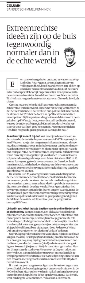 Weer zo’n rake column van Sander Schimmelpenninck in de Volkskrant. 

‘ Extreemrechtse ideeën zijn op de buis tegenwoordig normaler dan in het echte leven’.

#extreemrechts  #Schimmelpenninck 
#talkshows #SBS6 #BNNVara