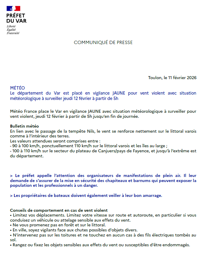 Image de Préfet du Var - #METEO83 | 🟡 Jeudi 12 février, le #Var est placé en vigilance JAUNE pour vent violent avec situatio