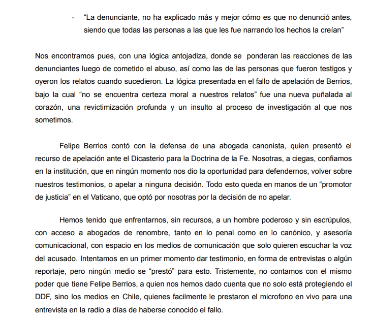 ale_carmona's tweet photo. Las denunciantes de Felipe Berríos sacan la voz. "Hemos tenido que enfrentarnos, sin recursos, a un hombre poderoso y sin escrúpulos, con acceso a abogados de renombre, tanto en lo penal como en lo canónico, y asesoría comunicacional, con espacio en los medios de comunicación..." https://t.co/MJZimv0tqw