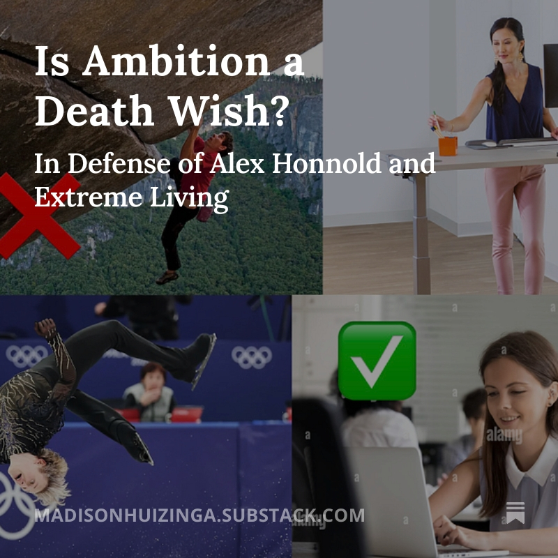 First paid essay is up ⭐️! On Alex Honnold and seeking out risk to give your life meaning. Upgrade to read now <3! madisonhuizinga.substack.com/p/is-ambition-…