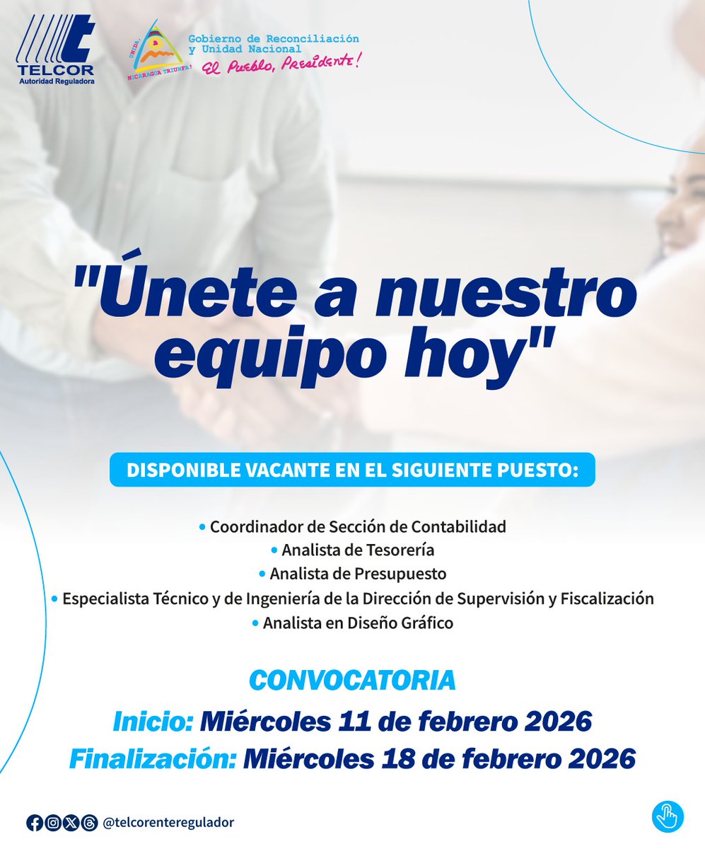TELCORNicaragua's tweet photo. #TelcorNicaragua 🇳🇮 ¿Quieres formar parte de nuestro equipo de trabajo?

Si cumples con los requisitos requeridos, envíanos tu CV al correo electrónico:  gestiontalentohumano@telcor.gob.ni

Fecha límite de recepción de documentos: miércoles 18 de febrero del 2026. https://t.co/JucWOmkIQn