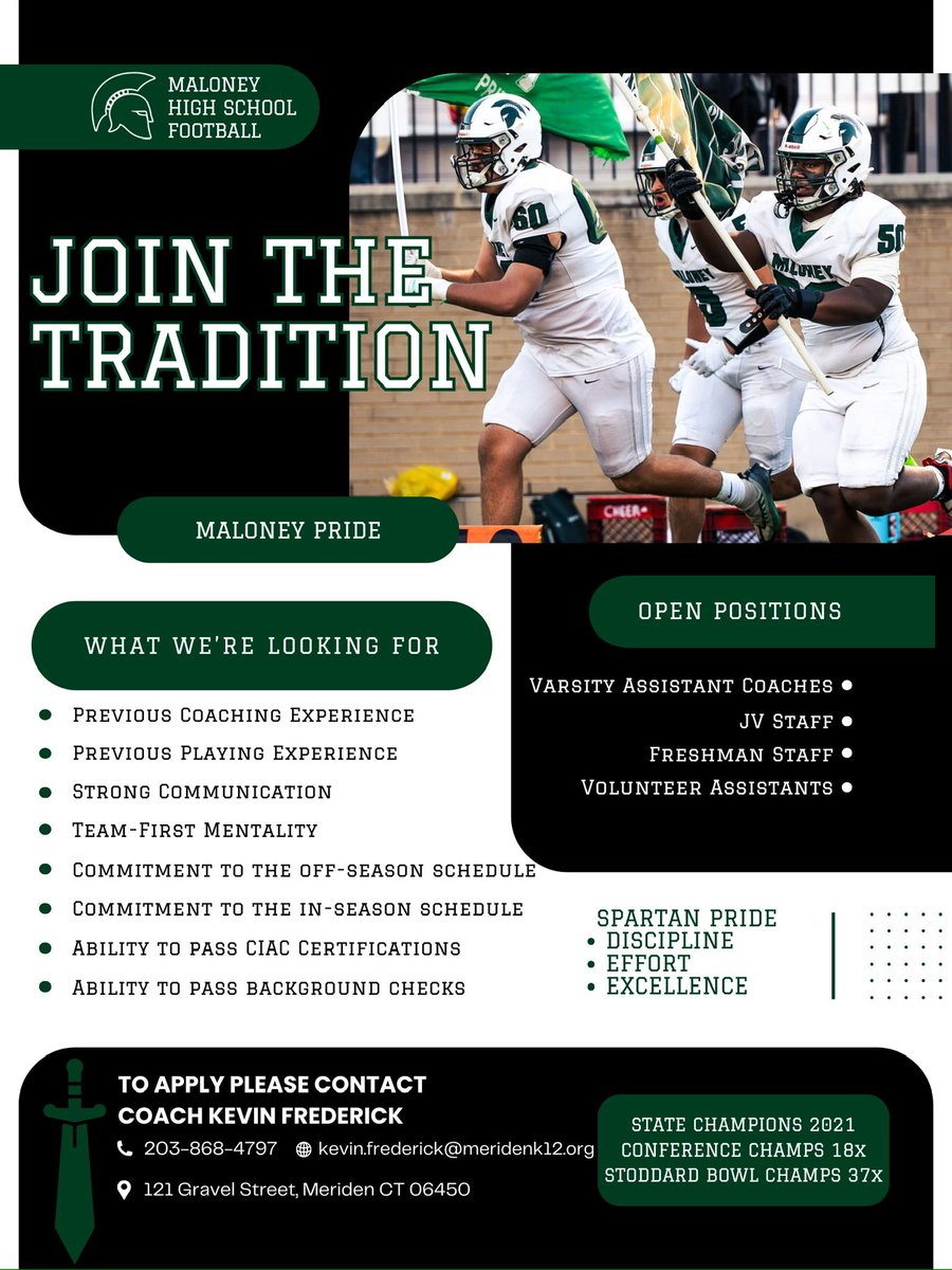 Join The Mecca.

Please contact Coach Kevin Frederick if you are interested. 

#MaloneyPride | #TheDen | #cthsfb