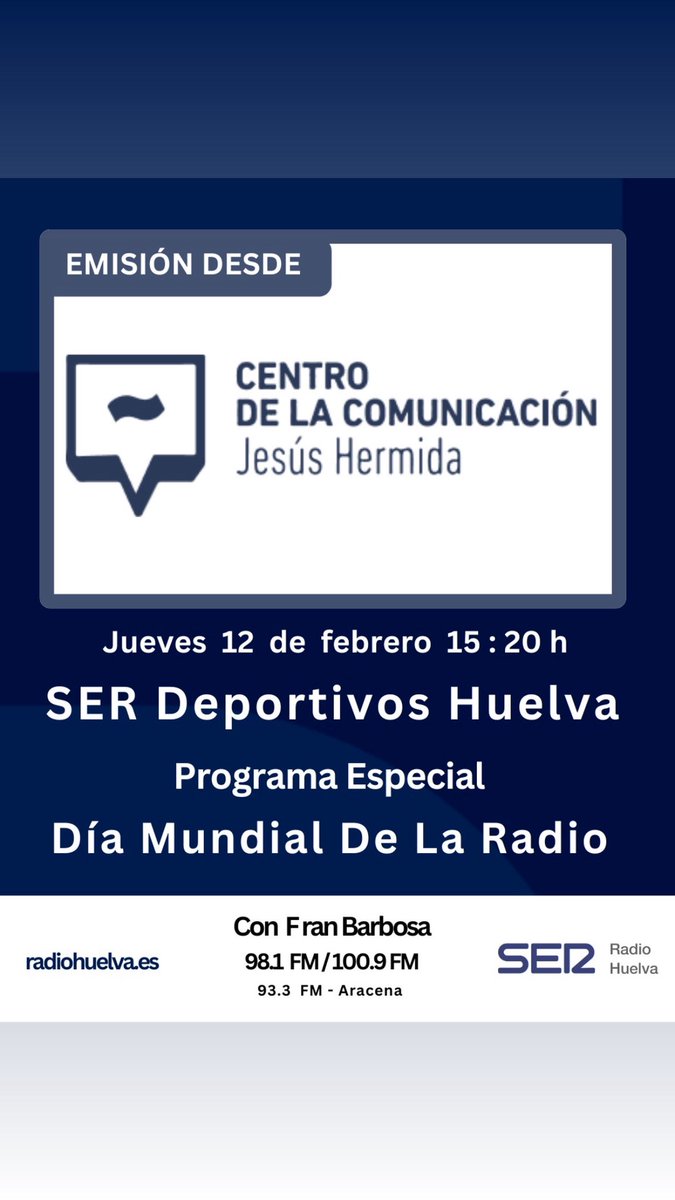 Amigos, esta semana es el Día Mundial de la Radio y mañana hacemos <a href="/SERdeportivosHu/">SER DeportivosHuelva</a> desde el Centro de Comunicación Jesús Hermida

Hablaremos sobre la radio deportiva y habrá sorpresa para los oyentes más veteranos (y los menos)

Si queréis acompañarnos en persona, estais