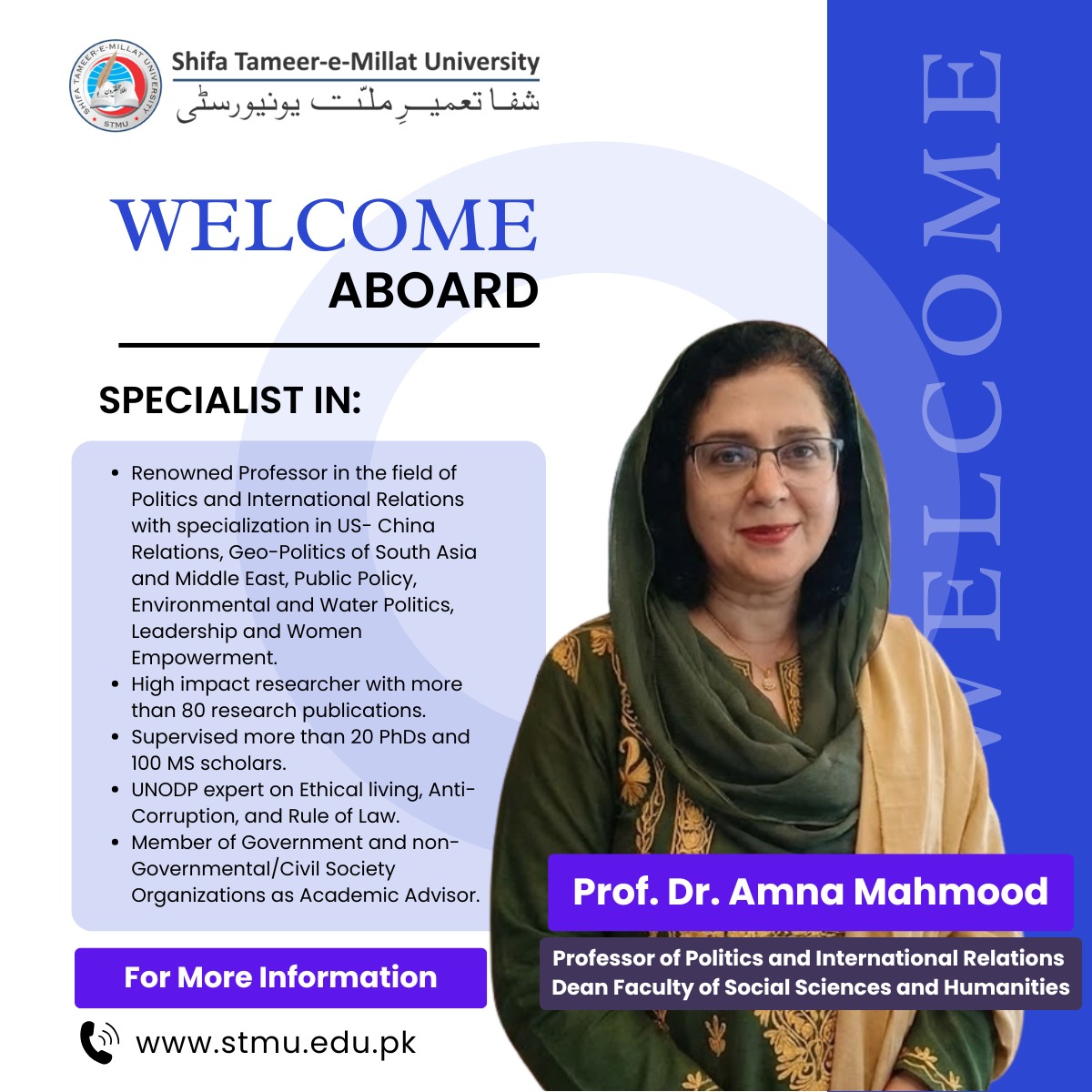 Welcome Prof. Dr. Amna Mahmood as Dean, Faculty of Social Sciences &amp; Humanities, STMU! Expert in Politics &amp; IR, with 80+ publications &amp; leadership roles. Enhancing teaching, research &amp; development at STMU. #WelcomeAboard #STMU #AcademicExcellence