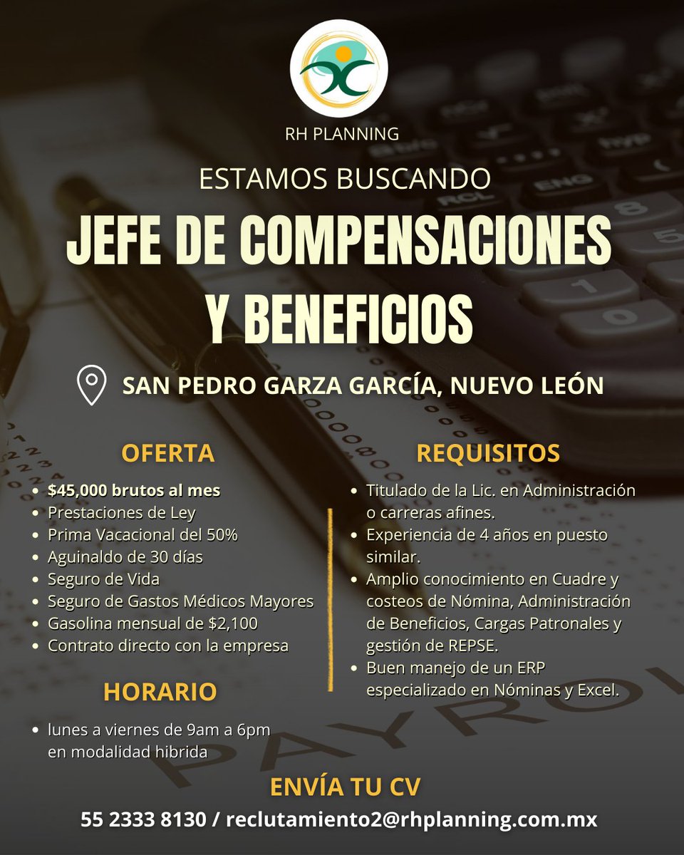 RhPlanningMx's tweet photo. 💼VACANTE DISPONIBLE
-Jefe de Compensaciones y Beneficios
-Zona: San Pedro Garza García #NuevoLeón 
-Titulado en Administración
-Experiencia de 4 años en Nómina y Admón. de beneficios
-$45k brutos + Prestaciones superiores
-L a V de 9am a 6pm en modalidad hibrida

@la_de_rh https://t.co/1yGomyx8L0