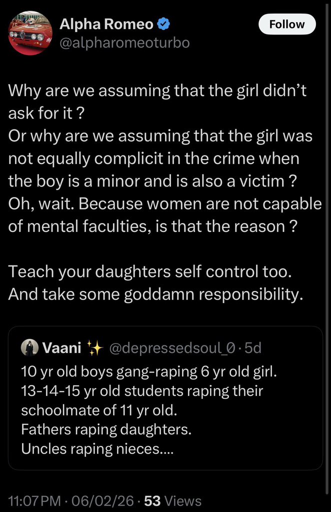 This Indian man says a 6 year old kid was asking to be gangraped.

Be absolutely terrified of the majority of these men.
And run for your life.