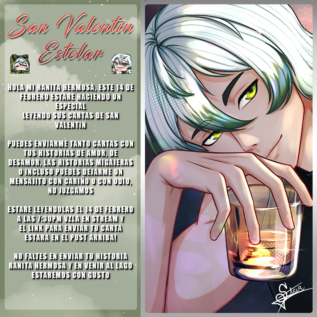 Hola mi ranita linda, Por el 14 de Febrero tendremos un ratito para leer sus cartas y mensajes, así que siéntanse libres de dejar su historia migajera, romántica o un mensajito para mi, los estaré revisando el 14 de Febrero en el stream a las 7:30 🌟   

tellonym.me/Stardust_glx