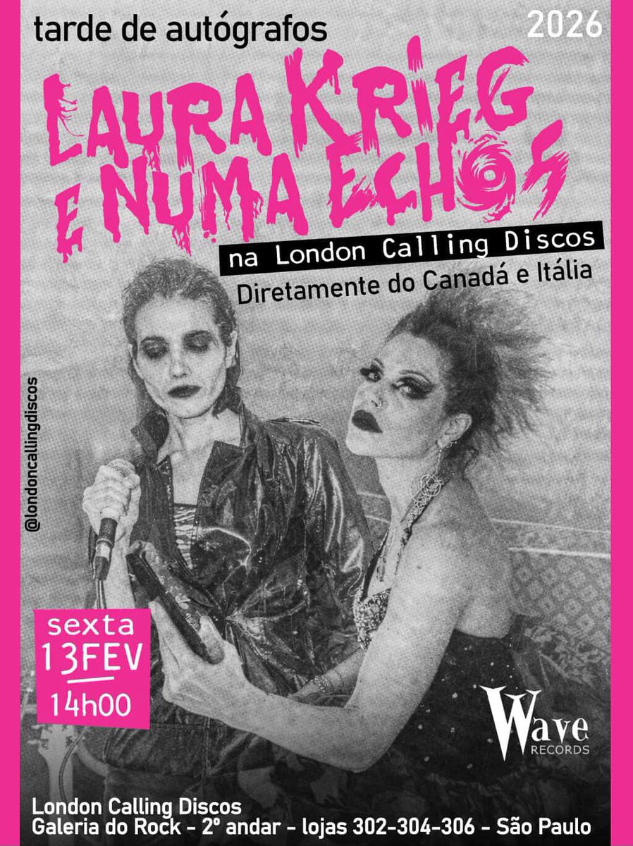 Pomeriggio di autografi con Laura Krieg e Numa Echos alla London Calling Discos di San Paolo, Brasile
Venerdì 13 febbraio alle 14:00.

Laura Krieg e Numa Echos sono le attrazioni del Wave Festival Carnival Edition 2026 che si terrà a San Paolo il 14 febbraio al Madame Club.