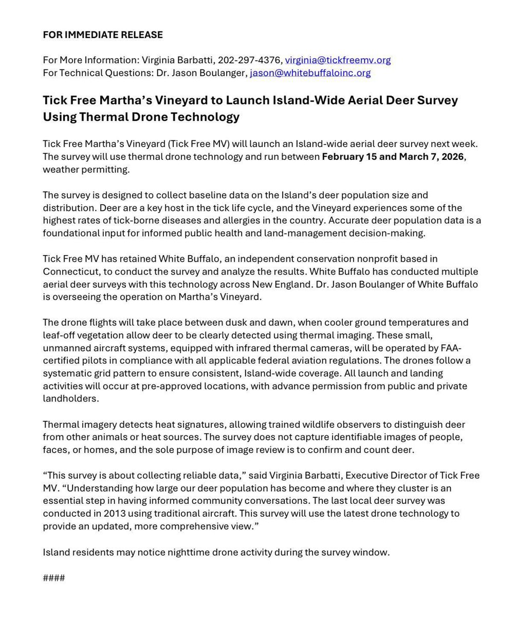 🦌 Residents may notice nighttime drone activity Feb 15–March 7. Tick Free #MarthasVineyard is conducting an Island-wide aerial deer survey using thermal drone technology to gather updated population data. Flights occur dusk–dawn. No identifiable images are captured. #DukesCounty