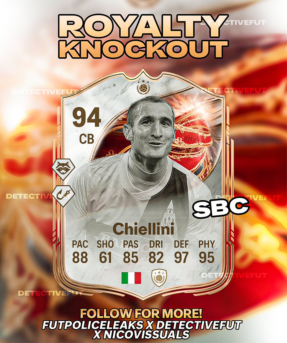 🔥🔥🔥🔥🔥🔥🔥🔥🔥🔥🔥🔥🔥🔥🔥🔥🔥

🚨 EXCLUSIVE: Chiellini 🇮🇹 Knockout Royalty SBC is set to come to Ultimate Team Soon 🔥

We are doing this SBC, right? 👀

Stats and PS+ are predictions 🖊️