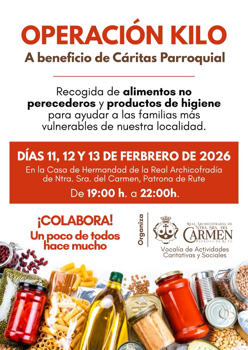 LA REAL ARCHICOFRADÍA PONE EN MARCHA LA "OPERACIÓN KILO" A BENEFICIO DE CÁRITAS PARROQUIAL.
…endelcarmenpatronaderute.blogspot.com/2026/02/operac…