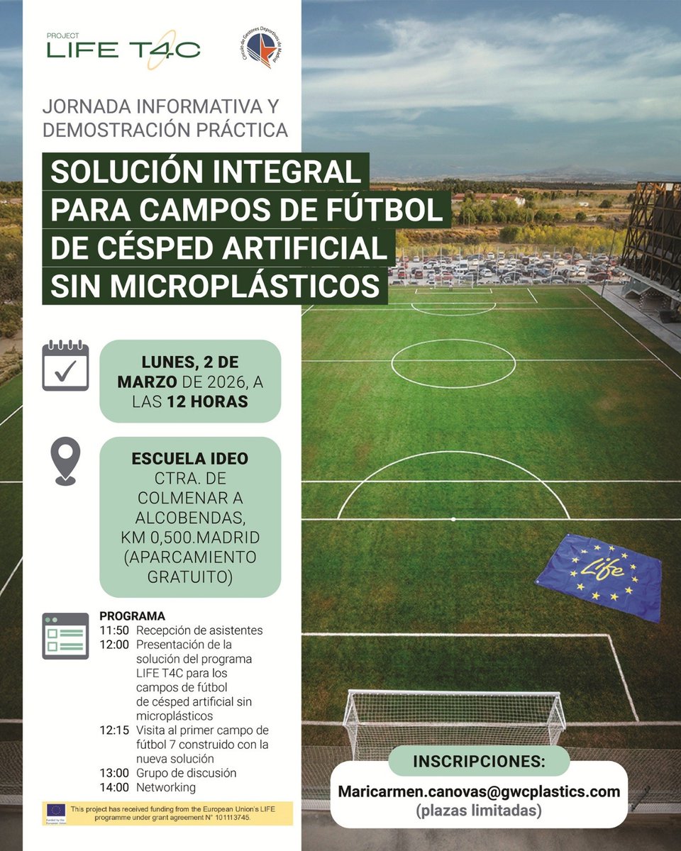 🌱⚽¡Conoce el programa LIFE T4C!

Te invitamos a la Jornada informativa y demostración práctica sobre la
solución integral para campos de fútbol de césped artificial sin microplásticos.

📩 Inscripciones:
Maricarmen.canovas@gwcplastics.com

#SinMicroplásticos #EconomíaCircular