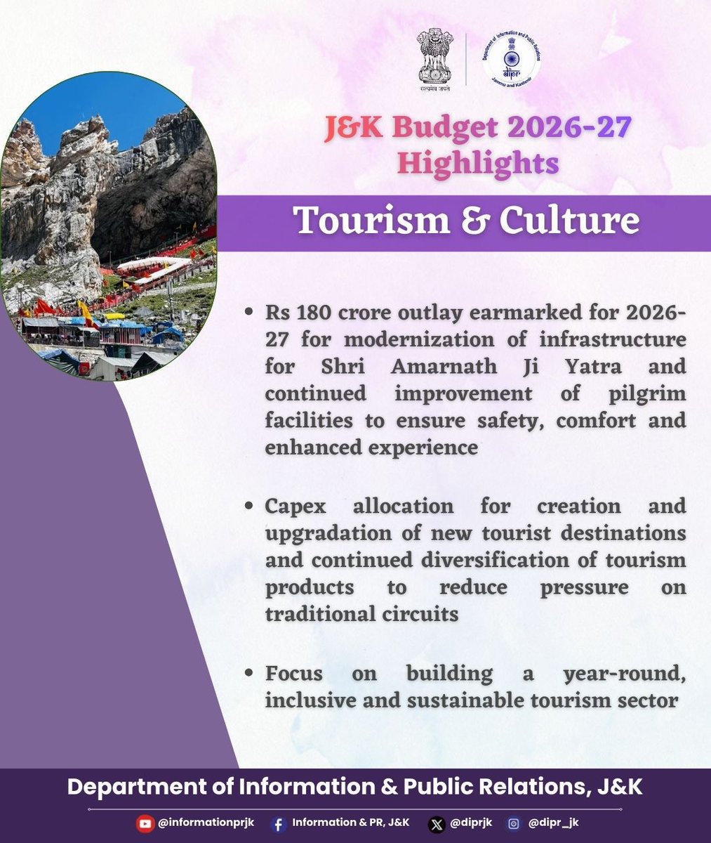 🌄✨ Jammu &amp; Kashmir Budget 2026–27: Tourism &amp; Culture Highlights ✨🎭

#JKBudget2026 #TourismBoost #CulturalHeritage #VibrantJK #ExploreJK <a href="/OfficeOfLGJandK/">Office of LG J&K</a> <a href="/CM_JnK/">Office of Chief Minister, J&K</a> <a href="/NitishRajora_/">Nitish Rajora</a>