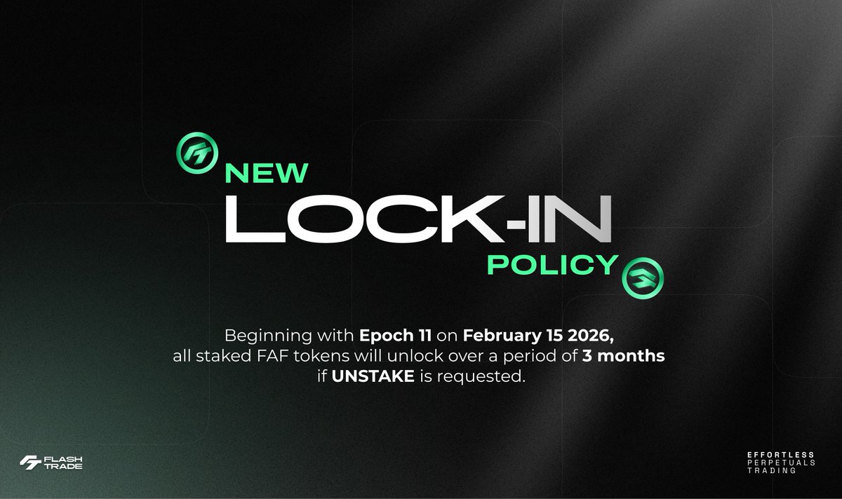 FlashTrade's tweet image. Epoch 10 will end on 15 Feb at 12:00 PM UTC ⏰

As per the unanimous vote in Flash Labs, the new staking policy will take effect going forward where any future unstake will have a 3 month linear time-vested delay on it. ⏳