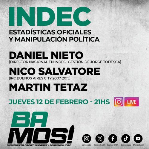 MAÑANA A LAS 21 👉 INDEC: estadísticas oficiales y manipulación política 📉📊

Este jueves en #BAmosLive debatimos los cambios en la medición del IPC del INDEC con Daniel Nieto, Nico Salvatore y Martín Tetaz.

🗓 Jue 12/02 – 21 hs
📲 IG Live: @bamoscaba
