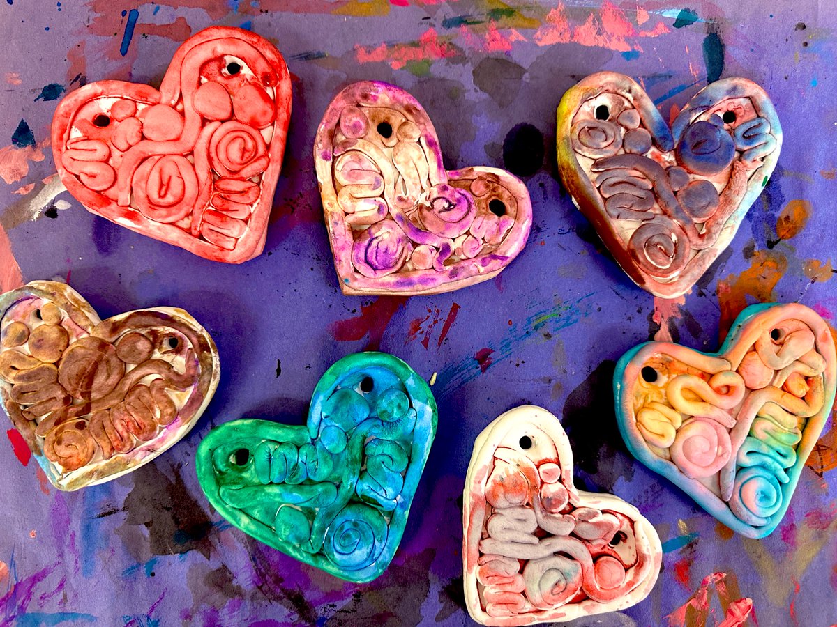 Mr. Owing’s students are showing the “love” in adapted art! We explored the sensory process of using Model Magic and rolling coils. They then painted with watercolors! #HPSDawesome 💗